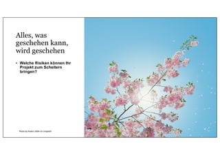 Alles, was
geschehen kann,
wird geschehen
• Welche Risiken können Ihr
Projekt zum Scheitern
bringen?
Photo by Anders Jildén on Unsplash © 2020 Peter Stevens
 