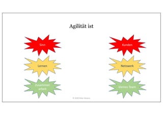 Agilität ist
Sinn
Lernen
Zusammen
arbeit
Kunden
Netzwerk
kleines Team
Einzeln/Team Unternehmen
© 2020 Peter Stevens
 