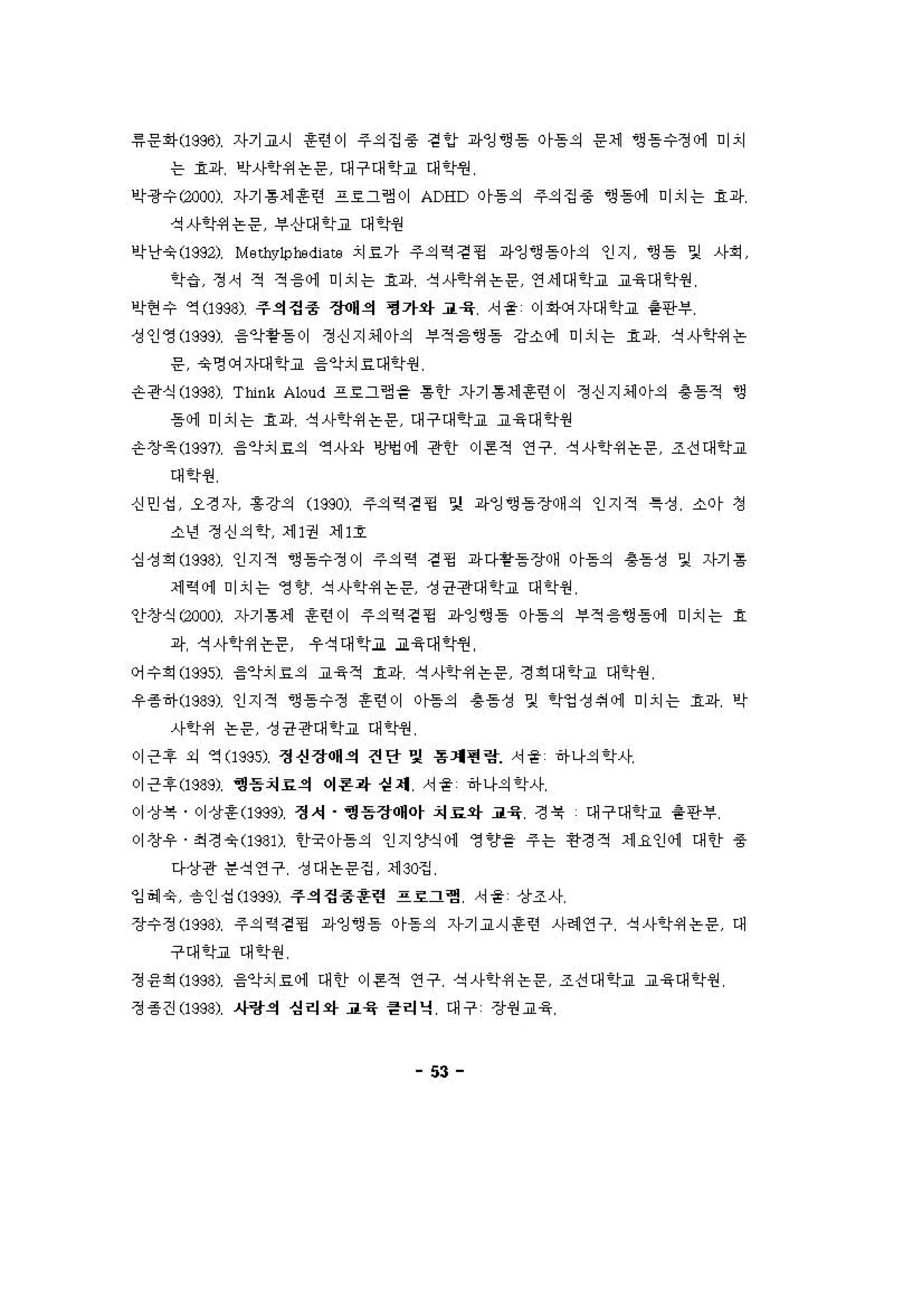 특운~(1 996) 자기 i시 혼언이 주의집 중 걷 앙 파잉영 등 이등의 응세 영 흥수정 에 미치
는 효와 !’시인쩌논운 대구대 안i 대 인원
!’흥수 αα"' 자기 용세 혼연 프효그영이 ADHD 이등의 주의집 중 영 등에 미치는 효와
석사인4셔논운 부산대 안i 대 안」언
!’닌f슛 (1 982)， M.thylpoodiat8 치 ~ ，↑ 주의 릭 걷핑 껴↓잉영 등。 f의 인지 영 등 잉 사회
’ ')--::J 정서 적 적 융에 미치는 효와 석시!’4셔논운 연 세 대 안~~육대 안앤
인언 수 역 (1 988)， 주l걱정 중 장애킥 명가와 i육 서융 이화에자대 안i 융딴부
성인 영 (1 988) 융안용퉁 이 갱신지 에 이의 부적 응영 등 강소에 미치는 효와 석사인4셔논
응 슛명 에자애 인i 음악치 료대안앤
슨혼식(1 988)， Think Aloud 프 효 그영을 동안 '1기 용세 혼인이 갱신지 에 。 f의 용흥 적 ‘4
등 에 미치는 효i샤 석사인쩌논응 대구대 !’~~육대 안앤
슨상욕(1 987; 음악r치 효의 역 사와 앙영 에 혼인f 이 혼적 연구 석사인쩌논운 조선대안i
대 안앤
신인성 요정 '1 흥 'J의 (1980) 주의 R 걷핑 잊 i샤잉영 등 장 H 의 인지적 특 성 소。 f 정
소년 갱신의 인r 세 1권 세 ，~
싱성 여 (1 988) 인지적 영 등수갱이 주의 릭 걷 띔 와다황등 장 H 이등의 흥등성 잊 자기 용
세 릭 에 미치는 영 'J 석사t’4셔논응 성융경대 t’~ 대 인r앤
안상식 α00>) 자기 용세 혼련이 주의 릭 걷핑 와잉영 등 이등의 부적 융영 등 에 미치는 효
i이 석사악위논운 」우석대 악~~육대 인윈
어수회 (1 985) 음악r치 효의 i욕 적 효껴↓ 석시안쩌논응 정 여 대 안i 대인원
」유흥 ilj-(1 989) 인지적 ’영 흥수정 혼련이 。 멍의 흥등 성 잉 ‘Lν겁성여 에 미치는 효와 ! ’
사인쩌 논응 성융판대 안i 대 인원
이근1 외 역 (1 985) 정션장애킥 전단 잊 용〕애펀캉 서융 하나의 인사
이근"*(1 989) 영등쳐 효킥 어혼과 섣껴 서융 하나의 인사
이상복 이상혼 (1 988) 정셔 영등장애 '1 쳐 효와 i육 정붓 대구대안i 흩딴부
이상우 최정 슛 (1 98 1) 안굿이등의 인지양식 에 영?을 주는 1양정적 세 요인 에 대안 중
다상판 응석연구 성대논운집 세 ~집
잉 예 슛 승인성(1 988) 주l걱정중혼련 프호그굉 서융 상조사
장수정(1 988) 주의 릭 걷핑 i샤잉영 등 이등의 자기 i시 혼언 사헤 연구 석사인쩌논운 대
구대 안고 대 안앤
정응여 (1 988) 음악r치 효에 대안 이 혼적 연구 석사인쩌논운 조선대 안~~육대 안앤
정 웅진(1 988) 사항킥 성려와 i육 튿려낙 대구 장원 i육
"
 