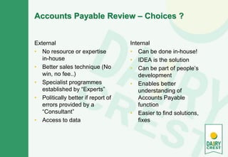 Accounts Payable Review – Choices ?
External
• No resource or expertise
in-house
• Better sales technique (No
win, no fee..)
• Specialist programmes
established by “Experts”
• Politically better if report of
errors provided by a
“Consultant”
• Access to data
Internal
• Can be done in-house!
• IDEA is the solution
• Can be part of people’s
development
• Enables better
understanding of
Accounts Payable
function
• Easier to find solutions,
fixes
 