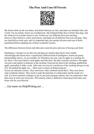 The Pros And Cons Of Ferrets
My ferrets dook, do the war dance, and skitter between my feet, and make my husband, kids, and
I smile. For my family, ferrets are excellent pets. My husband thinks they re better than dogs, and
the whole lot of us prefer ferrets to cats. Ferrets are very different from cats and dogs,
however.Their behavior, smell, motivations, and shape are all different from cats and dogs. They
are classified as exotic pets, and it is important that you consider the pros and cons of ferret
parenthood before adopting one of these wonderful weasels.
The differences between ferrets and other pets create the pros and cons of having a pet ferret
Intelligence: I hesitate to say that cats and dogs are smarter than ferrets, but I readily
acknowledge that ferrets have a significantly different kind of intelligence. Ferrets are pretty
good problem solvers. As an example, for Christmas one year, I put an apple in a stocking for
my ferret. (The ferret liked to steal apples and hide them. He didn t actually eat them.) The apple
was just a tad smaller in diameter as the stocking. Ernie put his head in the stocking, grabbed the
apple, and pulled. It didn t work. After only two tries he crawled out of the stocking and got on top
of it. He pushed the apple out. ... Show more content on Helpwriting.net ...
Ferrets are intensely curious. They must know what is behind closed doors. They must know
what is behind a barrier. They need to study the backside of a dishwasher and the inside of a
sofa. If a ferret somehow manages to get in your pots and pans cabinet, don t be surprised to find
them later in with your silverware. This tenacity makes it difficult to ferret proof and make your
house safe for your beloved
... Get more on HelpWriting.net ...
 