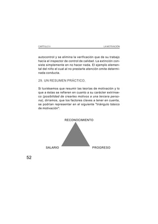 CAPÍTULO V LA MOTIVACIÓN
52
autocontrol y se elimina la verificación que de su trabajo
hacía el inspector de control de calidad. La extinción con-
siste simplemente en no hacer nada. El ejemplo elemen-
tal del niño el cual al no prestarle atención omite determi-
nada conducta.
29. UN RESUMEN PRÁCTICO.
Si tuviésemos que resumir las teorías de motivación y lo
que a éstas se refieren en cuanto a su carácter extrínse-
co (posibilidad de crearles motivos a una tercera perso-
na), diríamos, que los factores claves a tener en cuenta,
se podrían representar en el siguiente "triángulo básico
de motivación":
RECONOCIMIENTO
SALARIO PROGRESO
 
