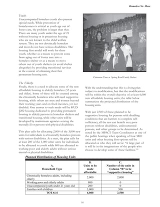 Homeless No More
10
The Elderly:
Finally, there is a need to allocate some of the new
affordable housing to elderly homeless (55 years
and older). Some of these will be counted among
the chronically homeless who will need supportive
housing, while others are men and women beyond
their working years and on fixed incomes, yet not
disabled. One answer to such needs will be HUD
§202 housing dedicated to providing permanent
housing to elderly persons in homeless shelters and
transitional housing, while other units will be
developed by mainstream agencies serving the
mentally ill or persons with physical disabilities.
This plan calls for allocating 2,000 of the 3,000 new
units for individuals to chronically homeless persons
with serious disabilities. As a start, the plan calls for
at least 200 of the 1,000 other units for individuals
to be allocated to youth while 800 are allocated to
working poor and elderly adults without serious
mental or physical disabilities.
With the understanding that this is a living plan
subject to modification, but that the modifications
will be within the overall objective of at least 6,000
new affordable housing units, the table below
summarizes the projected distribution of the
housing units.
supportive housing for persons with disabling
conditions that are barriers to complete self-
sufficiency, all the rest can benefit very poor
persons without disabilities, undocumented
persons, and other groups to be determined. As
noted by the MPACT Team Coordinator at one of
the public hearings when speaking of how SRO
units and other housing first options will be
allocated or who they will serve: “A large part of
it will lie in the imaginations of the people who
choose to develop some of these facilities.”21
Planned Distribution of Housing Units
A.
Household Type
B.
Units to be
made
affordable
C.
Number of the units in
Column “B” to be
“supportive housing”
Chronically homeless adults, including
elderly
2,000 2,000
Working poor and elderly adults 800 0
Unaccompanied youth under 21 years old 200 0
Families with children 3,000 500
TOTALS 6,000 2,500
Christmas Time at Spring Road Family Shelter
Youth:
Unaccompanied homeless youth also present
special needs. While prevention of
homelessness is critical as youth age out of
foster care, the problem is larger than that.
There are many youth under the age of 21
without housing or in precarious housing
who are not known to the child welfare
system. They are not chronically homeless
and most do not have serious disabilities. The
housing first model will work for these
youth, whether as a means to prevent some
from aging out of foster care into a
homeless shelter or as a means to move
others out of youth shelters (or avoid shelter
altogether) by providing transitional services
in the context of obtaining their first
permanent housing unit.
With just 2,500 of these planned to be
 