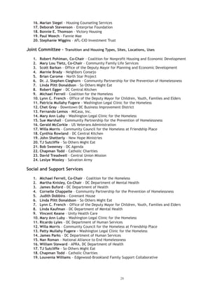 28
16. Marian Siegel – Housing Counseling Services
17. Deborah Stevenson – Enterprise Foundation
18. Bonnie E. Thomson – Victory Housing
19. Paul Weech – Fannie Mae
20. Stephanie Wiggins – AFL-CIO Investment Trust
Joint Committee – Transition and Housing Types, Sites, Locations, Uses
1. Robert Pohlman, Co-Chair – Coalition for Nonprofit Housing and Economic Development
2. Mary Lou Tietz, Co-Chair – Community Family Life Services
3. Scott Barkan – Office of the Deputy Mayor for Planning and Economic Development
4. Marnie Brady – Neighbors Consejo
5. Brian Carome – North Star Project
6. Dr. J. Stephen Cleghorn – Community Partnership for the Prevention of Homelessness
7. Linda Plitt Donaldson – So Others Might Eat
8. Robert Egger – DC Central Kitchen
9. Michael Ferrell – Coalition for the Homeless
10. Lynn C. French – Office of the Deputy Mayor for Children, Youth, Families and Elders
11. Patricia Mullahy Fugere – Washington Legal Clinic for the Homeless
12. Chet Gray – Downtown DC Business Improvement District
13. Fernando Lemos – MiCasa, Inc.
14. Mary Ann Luby – Washington Legal Clinic for the Homeless
15. Sue Marshall – Community Partnership for the Prevention of Homelessness
16. Gerald McCorkle – US Veterans Administration
17. Willa Morris – Community Council for the Homeless at Friendship Place
18. Cynthia Rowland – DC Central Kitchen
19. John Shetterly – New Hope Ministries
20. TJ Sutcliffe – So Others Might Eat
21. Bob Sweeney – DC Agenda
22. Chapman Todd – Catholic Charities
23. David Treadwell – Central Union Mission
24. Leslye Wooley – Salvation Army
Social and Support Services
1. Michael Ferrell, Co-Chair – Coalition for the Homeless
2. Martha Knisley, Co-Chair – DC Department of Mental Health
3. James Buford – DC Department of Health
4. Cornelle Chappelle – Community Partnership for the Prevention of Homelessness
5. Judith Dobbins – Covenant House
6. Linda Plitt Donaldson – So Others Might Eat
7. Lynn C. French – Office of the Deputy Mayor for Children, Youth, Families and Elders
8. Linda Kaufman – DC Department of Mental Health
9. Vincent Keane – Unity Health Care
10. Mary Ann Luby – Washington Legal Clinic for the Homeless
11. Ricardo Lyles – DC Department of Human Services
12. Willa Morris – Community Council for the Homeless at Friendship Place
14. James Parks – DC Department of Human Services
15. Nan Roman – National Alliance to End Homelessness
16. William Steward – APRA, DC Department of Health
17. TJ Sutcliffe – So Others Might Eat
18. Chapman Todd – Catholic Charities
19. Louvenia Williams – Edgewood-Brookland Family Support Collaborative
DCLONGRANGEPLANCOVER.pmd 12/16/2004, 10:37 AM3
13. Patty Mullahy Fugere – Washington Legal Clinic for the Homeless
 