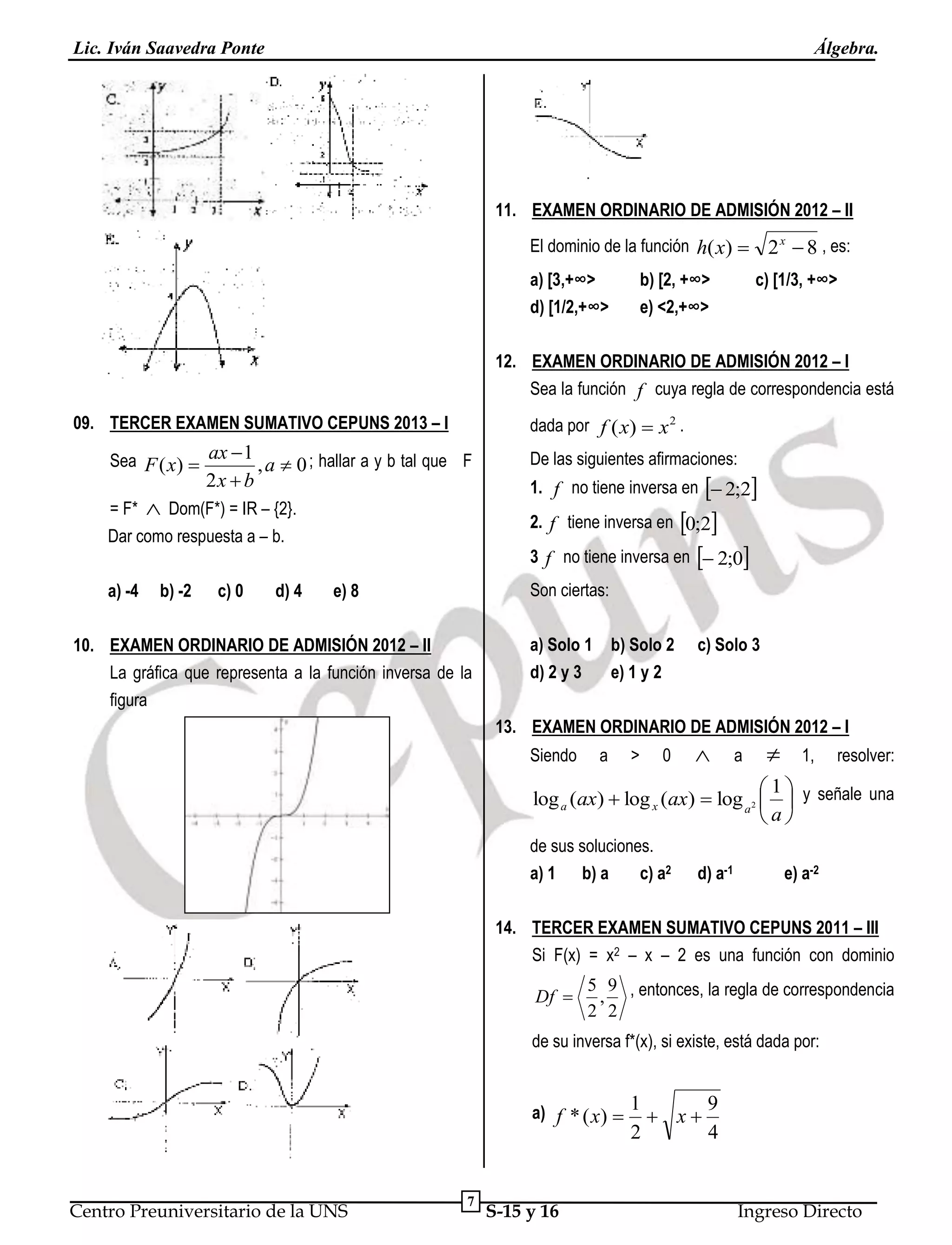 Lic. Iván Saavedra Ponte

Álgebra.

11. EXAMEN ORDINARIO DE ADMISIÓN 2012 – II
El dominio de la función h( x) 
a) [3,+∞>
d) [1/2,+∞>

b) [2, +∞>
e) <2,+∞>

2 x  8 , es:
c) [1/3, +∞>

12. EXAMEN ORDINARIO DE ADMISIÓN 2012 – I
Sea la función f cuya regla de correspondencia está
09. TERCER EXAMEN SUMATIVO CEPUNS 2013 – I

dada por f ( x)  x 2 .

Sea F ( x)  ax  1 , a  0 ; hallar a y b tal que F
= F*



2x  b

Dom(F*) = IR – {2}.

b) -2

c) 0

d) 4

1. f no tiene inversa en  2;2
2. f tiene inversa en 0;2

Dar como respuesta a – b.
a) -4

De las siguientes afirmaciones:

3 f no tiene inversa en  2;0
Son ciertas:

e) 8

10. EXAMEN ORDINARIO DE ADMISIÓN 2012 – II
La gráfica que representa a la función inversa de la
figura

a) Solo 1 b) Solo 2
d) 2 y 3
e) 1 y 2

c) Solo 3

13. EXAMEN ORDINARIO DE ADMISIÓN 2012 – I
Siendo

a

>

0



a



1,

resolver:

1
log a (ax)  log x (ax)  log a 2   y señale una
a
de sus soluciones.
a) 1 b) a
c) a2

d) a-1

e) a-2

14. TERCER EXAMEN SUMATIVO CEPUNS 2011 – III
Si F(x) = x2 – x – 2 es una función con dominio

Df 

5 9 , entonces, la regla de correspondencia
,
2 2

de su inversa f*(x), si existe, está dada por:
a) f * ( x)  1 

2

Centro Preuniversitario de la UNS

7

S-15 y 16

x

9
4

Ingreso Directo

 