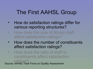The First AAHSL Group How do satisfaction ratings differ for various reporting structures? How does the size of library staff affect satisfaction ratings? How does the number of constituents affect satisfaction ratings? How does the ratio of staff to constituents affect satisfaction ratings?  Source: AAHSL Task Force on Quality Assessment 