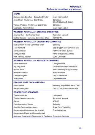 APPENDIX A
                                        Conference committees and sponsors

NICAN
Suzanne Bain-Donohue – Executive Director     Nican Incorporated
Anne Oliver - Conference Coordinator          Contractor:
                                              Olive Production & Design
Victoria Wardlaw - Conference Coordinator     Contractor
Lisa Wells - Administration                   Nican Incorporated

WESTERN AUSTRALIAN STEERING COMMITTEE
Amanda Hunt - Conference Chair                Recreation Network
Mallika Macleod - Marketing Committee Chair   ACROD WA

WESTERN AUSTRALIAN ORGANISING COMMITTEE
Keith Condor - Social Committee Chair         Sailability
Tony Norment                                  Dept of Sport and Recreation WA
Scott Campbell                                Perth Convention Bureau
Shirley Barnes                                Parks and Leisure Australia
Prof. Tanya L. Packer                         Curtin University

WESTERN AUSTRALIAN ADVISORY COMMITTEE
Steve Hammond                                 Lotterywest WA
Pip Daly-Smith                                Disability Services Commission
Russell Small                                 Hills Community Support Group
Richard Lockwood                              Ability Solutions
Cathie Gallagher                              Dept of Health WA
Jill Bowman                                   City of Fremantle

OFF-SITE TOUR COORDINATORS
Keith Condor                                  Sailability, Royal Perth Yacht Club
Marty Cunningham                              Dept of Culture and the Arts WA

CONFERENCE SPONSORS
Tourism Australia                             Lotterywest
Tourism Western Australia                     Recreation Network
Qantas                                        ACROD
Perth Convention Bureau                       Sailability
Disability Services Commission                Royal Perth Yacht Club
Department of Culture and the Arts WA         Chatsfield Wines
Department of Sport and Recreation WA
Australian Government Department of Family and Community Services




                                                                                    23
 