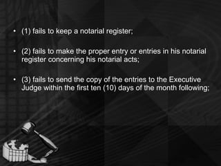 (1) fails to keep a notarial register; (2) fails to make the proper entry or entries in his notarial register concerning his notarial acts; (3) fails to send the copy of the entries to the Executive Judge within the first ten (10) days of the month following; 