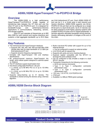 AS90L10208 HyperTransport™-to-PCI/PCI-X Bridge
 Overview
          The AS90L10208 is a high performance                                 per 8-bit bidirectional HT port. Each AS90L10208 HT
 HyperTransport™-to-PCI/PCI-X bridge capable of                                port can be 2, 4, or 8-bits wide in both transmit and
 transferring data between the HT host port and the                            receive directions. AS90L10208 supports one 64-bit,
 other HT port or the PCI/PCI-X port. It is designed for                       PCI/PCI-X1.0b port that can be configured as a single
 bandwidth-hungry       and       performance-intensive                        64-bit port or a dual 32-bit ports. Up to 31 devices can
 applications in communications, networking, servers,                          be daisy-chained to build higher capacity systems with
 and storage systems.                                                          multiple PCI/PCI-X buses and HT-based peripherals. A
          Each HT port operates at frequencies up to 800                       fairness algorithm allocates bandwidth among devices,
 MHz DDR for both transmit and receive directions and                          thereby eliminating starvation of bridges at the end of
 sustains a total aggregate bandwidth up to 25.6 Gbps                          the chain.



 Key Features
 • Two bidirectional 8-bit HyperTransport interfaces:                          • Built-in two-level PCI arbiter with support for up to five
   • Supports 200, 300, 400, 500, 600 and 800 MHz DDR                            external devices
     (double data rate) for peak bandwidth of 3.2 GB/s per                       • Can be configured to support an external arbiter
     8-bit bidirectional HT port                                               • 3.3V PCI IO with 5V tolerant IOs
   • Supports dynamic frequency reprogramming                                  • Supports with parity and error checking features
 • Complies with HyperTransport 1.05 Link Interface                            • Superset register compatible with the SP1011 to
   Specifications                                                                leverage the same software driver
 • No protocol-induced maximum HyperTransport link                             • Can be configured to fully emulate a single or a dual
   length, which allows system designers to optimize speed                       SP1011 devices
   vs. distance                                                                • Transaction forwarding for the following commands:
 • The HT interfaces support dual-hosted chain                                   • All IO and memory commands
 • One 64-bit configurable PCI/PCI-X 1.0b port:                                  • Type 1 to Type 1 configuration commands
   • 1 x 64-bit, up to 66 MHz PCI 2.2 or up to 133 MHz                             (downstream only)
     PCI-X 1.0b                                                                  • Type 1 to Type 0 configuration commands
   • 2 x 32-bit, up to 66 MHz PCI 2.2 or up to 133 MHz                             (downstream only)
     PCI-X 1.0b                                                                • 1.8V core, 1.2V HT IO, 3.3V PCI/PCI-X IO
 • Supports daisy-chaining up to 31 devices. The                               • JTAG port
   bandwidth is shared among the devices using a fairness                      • Available in a 388-pin PBGA green package
   algorithm



 AS90L10208 Device Block Diagram

                            H T 1 .0 5 Inte rfa ce                                                H T 1 .0 5 Inte rfa ce

                                           Lin k Interface                                   L ink In te rfa ce
                       Tx         Tx                                                                                 Tx      Tx
                      PHY       F IF O                                                                             F IF O   PHY
     8-bit H T                           P acket G en era to r                             P acke t G e ne rator                   8-b it H T
    @ 800 M H z                            Lin k Interface                                   L ink In te rfa ce                   @ 800 M H z
                       Rx        Rx                                                                                 Rx       Rx
                      PHY       F IF O                                                                             F IF O   PHY
                                             R x B uffer                                       R x B uffer

                                                                 P C I/P C I-X Interface




                                         1x6 4-bit, 6 6 M H z P C I o r 133 M H z P C I-X 1 .0b
                                         2x3 2-bit, 6 6 M H z P C I o r 133 M H z P C I-X 1 .0b




www.alsc.com                               Product Guide 2004                                                                              31
                        Notice: The information in this document is subject to change without notice.
 