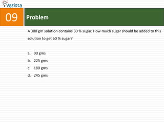 09   Problem

     A 300 gm solution contains 30 % sugar. How much sugar should be added to this
     solution to get 60 % sugar?


     a. 90 gms
     b. 225 gms
     c. 180 gms
     d. 245 gms
 