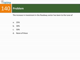 140   Problem

      The increase in investment in the Roadway sector has been to the tune of


      a. 25%
      b. 30%
      c.   50%
      d. None of these
 
