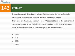 143   Problem

      The media reach is described as follows: Each circulation is read by 5 people.
      Each radio is listened to by 4 people. Each TV is seen by 6 people.
      There is no overlap, i.e. a person who sees TV does not listen to the radio or read
      the circulation and so on. Exclude the cinema medium in this case. What is the
      reach in Himachal Pradesh as a per-centage of the reach in Haryana?


      a. 16%
      b. 12%
      c.   13%
      d. 18%
 