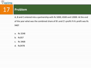 17   Problem

     A, B and C entered into a partnership with Rs 5000, 6500 and 12000. At the end
     of the year what was the combined share of B's and C's profit if A's profit was Rs
     940?


     a. Rs 3248
     b. Rs357
     c. Rs 3468
     d. Rs3478
 