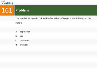 161   Problem

      The number of seats in Lok Sabha allotted to dif-ferent states is based on the
      state's


      a. population
      b. size
      c.   resources
      d. location
 