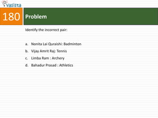 180   Problem

      Identify the incorrect pair:


      a. Nonita Lai Quraishi: Badminton
      b. Vijay Amrit Raj: Tennis
      c. Limba Ram : Archery
      d. Bahadur Prasad : Athletics
 