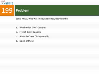 199   Problem

      Sania Mirza, who was in news recently, has won the


      a. Wimbledon Girls' Doubles
      b. French Girls' Doubles
      c. All-India Chess Championship
      d. None of these
 