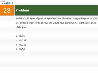 28   Problem

     Shobana sold a pair of jeans at a profit of 20%. If she had bought the jeans at 20%
     less and sold them for Rs 18 less, she would have gained 25%. Find the cost price
     of the jeans.


     a. Rs 75
     b. Rs 135
     c. Rs 125
     d. Rs 90
 