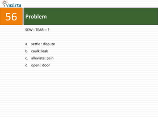 56   Problem

     SEW : TEAR :: ?


     a. settle : dispute
     b. caulk: leak
     c. alleviate: pain
     d. open : door
 