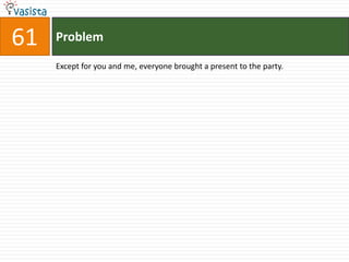 61   Problem

     Except for you and me, everyone brought a present to the party.
 