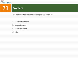 73   Problem

     The 'complicated machine' in the passage refers to


     a. An electric kettle
     b. A safety razor
     c. An alarm clock
     d. Gas
 