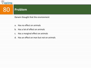 80   Problem

     Darwin thought that the environment


     a. Has no effect on animals
     b. Has a lot of effect on animals
     c. Has a marginal effect on animals
     d. Has an effect on man but not on animals
 