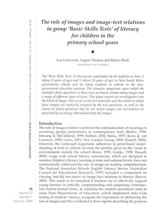 2004 the role_of_images_and_image_text  relations in group basic skills tests of literacy for children in the primary school years_unsworth