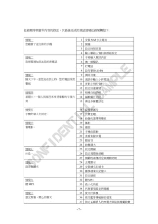 任務順序與腳本內容的修正，其最後完成的測試情境任務架構如下:


情境一                     1   安裝 SIM 卡及電池
您剛買了這支新的手機              2   開機
                        3   設定時間日期
                        4   輸入聯絡人資料與群組設定
情境二                     5   手寫輸入簡訊內容
您想要通知朋友您的新電話            6   傳一般簡訊
                        7   打電話
                        8   設行事曆(約會)
情境三                     9   調高音量
隔天下午，當您走在街上時，您的電話突然    10   通話中輸入小新電話
響起                     11   更新小明的資料
                       12   設定快速撥號
情境四                    13   相機自拍功能
星期六，一個人到星巴客享受寧靜的午後片    14   編輯圖片功能
刻                      15   傳送多媒體訊息


情境五                    16   設背景圖片
手機的個人化設定。              17   改變主題
                       18   鈴聲的選擇與變更
情境六                    19   攝影
看電影。                   20   播放
                       21   手機改震動
                       22   查看未接來電
                       23   聽留言
                       24   鈴聲調大
情境七                    25   設定鬧鐘
休息。                    26   設定周期性提醒
                       27   鬧齡的選擇設定與震動功能
情境八                    28   去電顯示
設定與擴充                  29   安裝擴充記憶卡
                       30   搬移檔案至記憶卡
                       31   設定捷徑
情境九                    32   聽 MP3
聽 MP3                  33   最小化功能
                       34   代辦事項設定與提醒
情境十                    35   使用計算機
朋友聚餐，開心的聊天             36   使用藍芽傳輸接收檔案
                       37   指定某聯絡人的來電大頭貼與專屬鈴聲

                      -7-
 