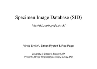 Specimen Image Database (SID)
           http://sid.zoology.gla.ac.uk/




   Vince Smith*, Simon Rycroft  Rod Page

           University of Glasgow, Glasgow, UK
   *Present Address: Illinois Natural History Survey, USA
 
