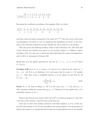 Algebraic Representation 79
∅ 1 2 3 1, 2 1, 3 2, 3 1, 2, 3
(z{1,2})T 1 1 1 0 1 0 0 0
Renaming the coordinates according to the mapping (3.56), we obtain
{0, 1}n Y1 Y2 Y3 Y1 ∩ Y2 Y1 ∩ Y3 Y2 ∩ Y3 Y1 ∩ Y2 ∩ Y3
1 1 1 0 1 0 0 0
and these values do indeed correspond to the values of ζ(1,1,0) (the zeta vector of the atom
corresponding to the point (1, 1, 0), we suppressed the dependence on {0, 1}n in the nota-
tion) in the indicated coordinates (as they identify the sets to which (1, 1, 0) belongs).
Thus this proves the following corollary, which is half of Theorem 1.35. The other half
of that theorem has already been proven in the previous chapter in a diﬀerent context
(Corollary 2.24). It is also easy to derive the other half within the context developed here,
and it will be a consequence of Lemma 3.29.
Recall that A is the algebra generated by the sets Yi, i = 1, . . . , n, i.e. it is P where
P = {0, 1}n.
Corollary 3.20 Let L be as in Lemma 1.17 and let L be indexed by the subsets V ⊆
{1, . . . , n}. Let H be as in Deﬁnition 1.31, and assume that the vector x ∈ H satisﬁes
x∅ = 1. Then there exists a probability measure χ on the algebra A such that for all
V ⊆ {1, . . . , n},
χ
i∈V
Yi = xV . (3.57)
Proof: If x ∈ H, then its lifting χ ∈ RP is in the cone of {ζr : r ∈ S}, and x∅ = 1,
after renaming coordinates, means that χ{0,1}n = 1. Theorem 3.17 now implies that χ is a
probability measure on A. 2
Observe also that the zeta vectors of the sets in SP are indicator measures; ζr has value
1 for each q that contains r and 0 for each q that does not.
Until now we have been dealing exclusively with ﬁnite algebras, as P is a ﬁnite set,
and this will continue to be the case throughout the coming chapters. For the purposes of
future work, however, we remark that these results can be generalized to sets P of countably
 