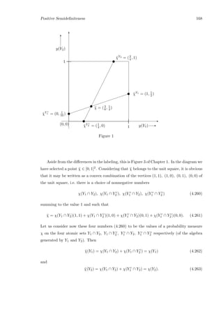 Positive Semideﬁniteness 168
¡
¡
¡
¡
¡
¡
¡
¡
¡
¡
¡
¡
¡
¡
¡
¡
u
¯χ = (3
8 , 1
4 )
¯χY2 = (3
4 , 1)
¯χY c
2 = (1
4 , 0)
u
u E
T
y(Y1) E
y(Y2)
T
1
1
(0, 0)


u
u
¯χY1 = (1, 1
2 )
¯χY c
1 = (0, 1
10 )
Figure 1
Aside from the diﬀerences in the labeling, this is Figure 3 of Chapter 1. In the diagram we
have selected a point ¯χ ∈ [0, 1]2. Considering that ¯χ belongs to the unit square, it is obvious
that it may be written as a convex combination of the vertices (1, 1), (1, 0), (0, 1), (0, 0) of
the unit square, i.e. there is a choice of nonnegative numbers
χ(Y1 ∩ Y2), χ(Y1 ∩ Y c
2 ), χ(Y c
1 ∩ Y2), χ(Y c
1 ∩ Y c
2 ) (4.260)
summing to the value 1 and such that
¯χ = χ(Y1 ∩ Y2)(1, 1) + χ(Y1 ∩ Y c
2 )(1, 0) + χ(Y c
1 ∩ Y2)(0, 1) + χ(Y c
1 ∩ Y c
2 )(0, 0). (4.261)
Let us consider now these four numbers (4.260) to be the values of a probability measure
χ on the four atomic sets Y1 ∩ Y2, Y1 ∩ Y c
2 , Y c
1 ∩ Y2, Y c
1 ∩ Y c
2 respectively (of the algebra
generated by Y1 and Y2). Then
¯χ(Y1) = χ(Y1 ∩ Y2) + χ(Y1 ∩ Y c
2 ) = χ(Y1) (4.262)
and
¯χ(Y2) = χ(Y1 ∩ Y2) + χ(Y c
1 ∩ Y2) = χ(Y2). (4.263)
 