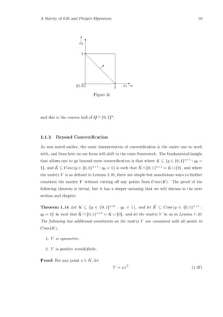 A Survey of Lift and Project Operators 10
d
d
d
d
d
d
d
d E
T
 
1
1(0, 0) x1 E
x2
T
Figure 2c
and this is the convex hull of Q ∩ {0, 1}n.
1.1.3 Beyond Convexiﬁcation
As was noted earlier, the conic interpretation of convexiﬁcation is the easier one to work
with, and from here on our focus will shift to the conic framework. The fundamental insight
that allows one to go beyond mere convexiﬁcation is that where K ⊆ {y ∈ {0, 1}n+1 : y0 =
1}, and ¯K ⊆ Cone(y ∈ {0, 1}n+1 : y0 = 1} is such that ¯K ∩ {0, 1}n+1 = K ∪ {0}, and where
the matrix Y is as deﬁned in Lemma 1.10, there are simple but nonobvious ways to further
constrain the matrix Y without cutting oﬀ any points from Cone(K). The proof of the
following theorem is trivial, but it has a deeper meaning that we will discuss in the next
section and chapter.
Theorem 1.14 Let K ⊆ {y ∈ {0, 1}n+1 : y0 = 1}, and let ¯K ⊆ Cone(y ∈ {0, 1}n+1 :
y0 = 1} be such that ¯K ∩ {0, 1}n+1 = K ∪ {0}, and let the matrix Y be as in Lemma 1.10.
The following two additional constraints on the matrix Y are consistent with all points in
Cone(K),
1. Y is symmetric.
2. Y is positive semideﬁnite.
Proof: For any point x ∈ K, let
Y = xxT
. (1.37)
 