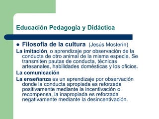 Educación Pedagogía y Didáctica
 Filosofía de la cultura (Jesús Mosterín)
La imitación, o aprendizaje por observación de la
conducta de otro animal de la misma especie. Se
transmiten pautas de conducta, técnicas
artesanales, habilidades domésticas y los oficios.
La comunicación
La enseñanza es un aprendizaje por observación
donde la conducta apropiada es reforzada
positivamente mediante la incentivación o
recompensa, la inapropiada es reforzada
negativamente mediante la desincentivación.
 