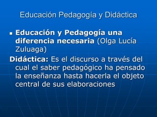 Educación Pedagogía y Didáctica
 Educación y Pedagogía una
diferencia necesaria (Olga Lucía
Zuluaga)
Didáctica: Es el discurso a través del
cual el saber pedagógico ha pensado
la enseñanza hasta hacerla el objeto
central de sus elaboraciones
 