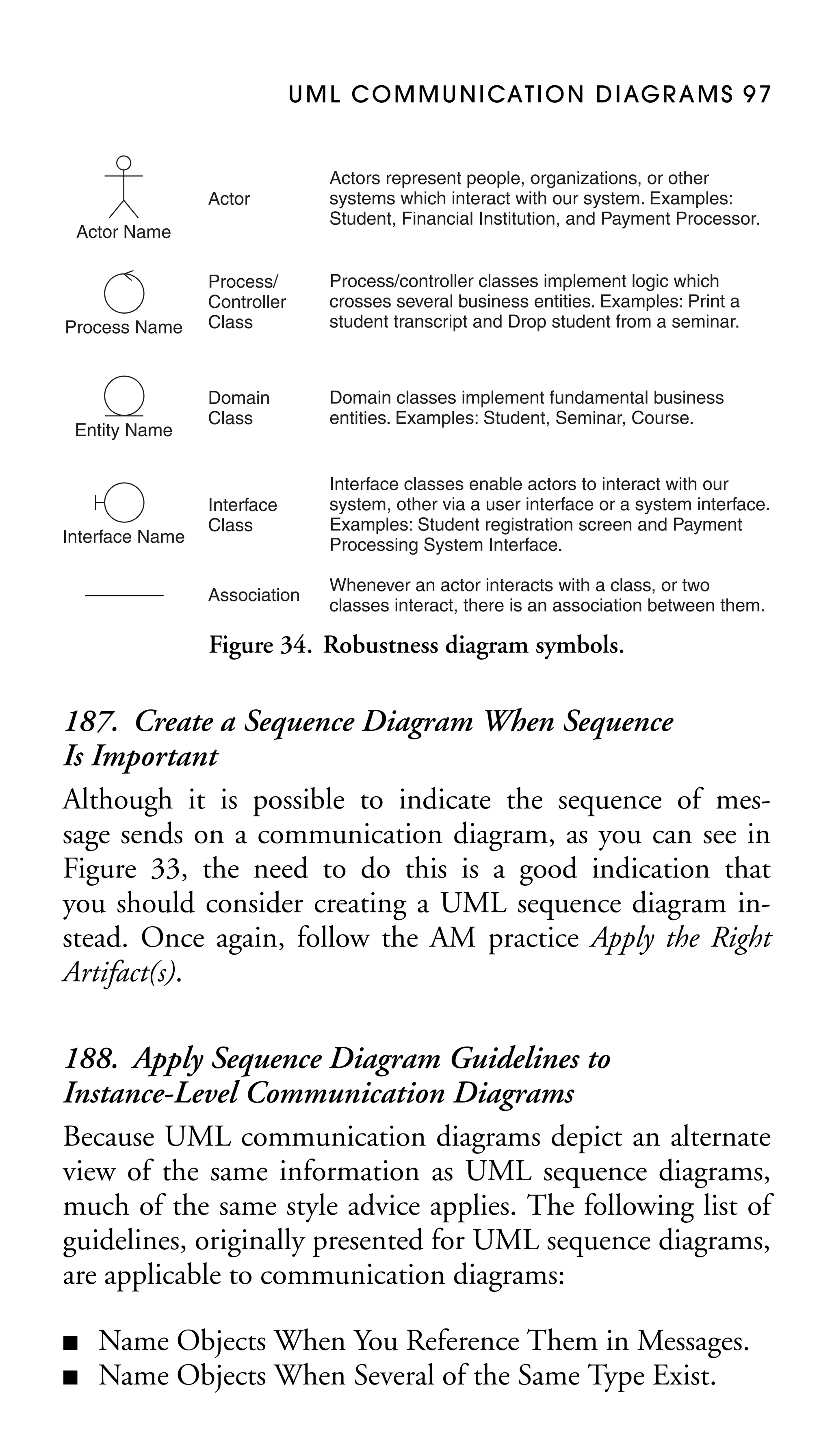 U M L C O M M U N I CAT I O N D I AG R A M S 9 7

Actor

Actors represent people, organizations, or other
systems which interact with our system. Examples:
Student, Financial Institution, and Payment Processor.

Process/
Controller
Class

Process/controller classes implement logic which
crosses several business entities. Examples: Print a
student transcript and Drop student from a seminar.

Domain
Class

Domain classes implement fundamental business
entities. Examples: Student, Seminar, Course.

Interface
Class

Interface classes enable actors to interact with our
system, other via a user interface or a system interface.
Examples: Student registration screen and Payment
Processing System Interface.

Association

Whenever an actor interacts with a class, or two
classes interact, there is an association between them.

Actor Name

Process Name

Entity Name

Interface Name

Figure 34. Robustness diagram symbols.

187. Create a Sequence Diagram When Sequence
Is Important
Although it is possible to indicate the sequence of message sends on a communication diagram, as you can see in
Figure 33, the need to do this is a good indication that
you should consider creating a UML sequence diagram instead. Once again, follow the AM practice Apply the Right
Artifact(s).
188. Apply Sequence Diagram Guidelines to
Instance-Level Communication Diagrams
Because UML communication diagrams depict an alternate
view of the same information as UML sequence diagrams,
much of the same style advice applies. The following list of
guidelines, originally presented for UML sequence diagrams,
are applicable to communication diagrams:
■
■

Name Objects When You Reference Them in Messages.
Name Objects When Several of the Same Type Exist.

 