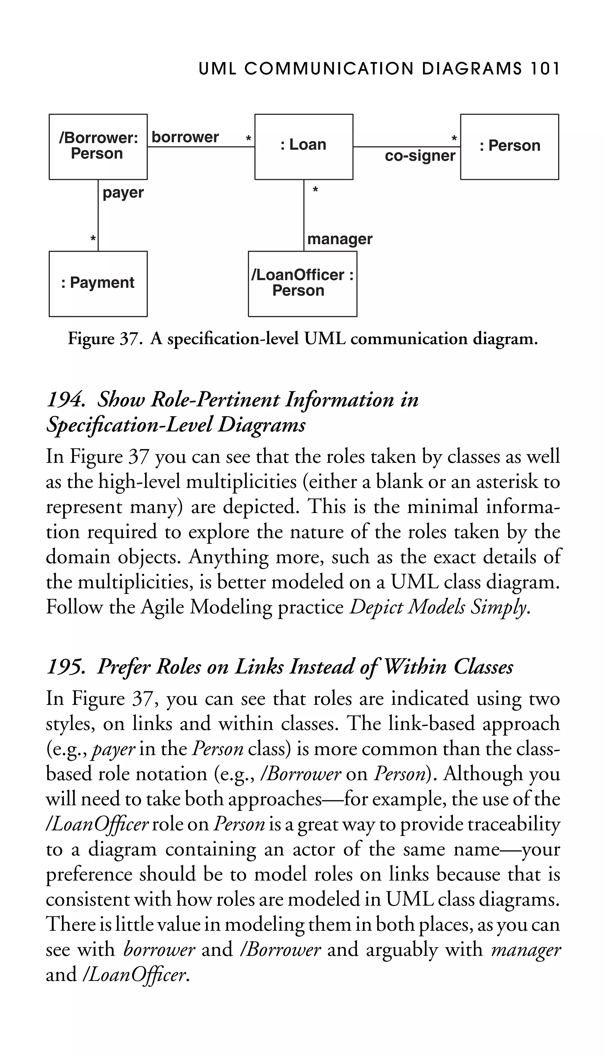 U M L C O M M U N I CAT I O N D I AG R A M S 1 0 1

/Borrower: borrower
Person
payer
*
: Payment

*

: Loan

*
co-signer

: Person

*
manager
/LoanOfficer :
Person

Figure 37. A speciﬁcation-level UML communication diagram.

194. Show Role-Pertinent Information in
Speciﬁcation-Level Diagrams
In Figure 37 you can see that the roles taken by classes as well
as the high-level multiplicities (either a blank or an asterisk to
represent many) are depicted. This is the minimal information required to explore the nature of the roles taken by the
domain objects. Anything more, such as the exact details of
the multiplicities, is better modeled on a UML class diagram.
Follow the Agile Modeling practice Depict Models Simply.
195. Prefer Roles on Links Instead of Within Classes
In Figure 37, you can see that roles are indicated using two
styles, on links and within classes. The link-based approach
(e.g., payer in the Person class) is more common than the classbased role notation (e.g., /Borrower on Person). Although you
will need to take both approaches—for example, the use of the
/LoanOfﬁcer role on Person is a great way to provide traceability
to a diagram containing an actor of the same name—your
preference should be to model roles on links because that is
consistent with how roles are modeled in UML class diagrams.
There is little value in modeling them in both places, as you can
see with borrower and /Borrower and arguably with manager
and /LoanOfﬁcer.

 