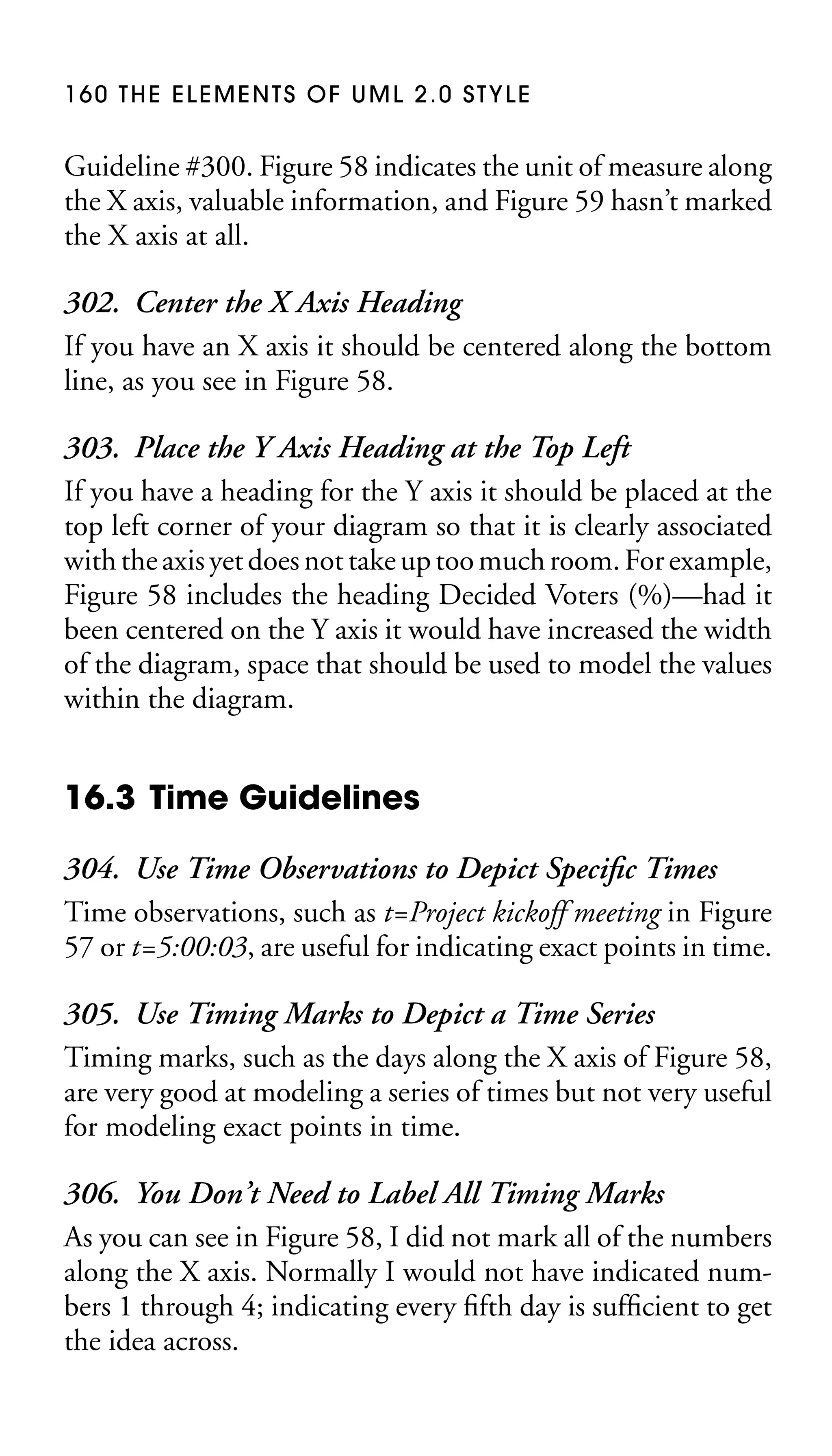160 THE ELEMENTS OF UML 2.0 STYLE

Guideline #300. Figure 58 indicates the unit of measure along
the X axis, valuable information, and Figure 59 hasn’t marked
the X axis at all.

302. Center the X Axis Heading
If you have an X axis it should be centered along the bottom
line, as you see in Figure 58.
303. Place the Y Axis Heading at the Top Left
If you have a heading for the Y axis it should be placed at the
top left corner of your diagram so that it is clearly associated
with the axis yet does not take up too much room. For example,
Figure 58 includes the heading Decided Voters (%)—had it
been centered on the Y axis it would have increased the width
of the diagram, space that should be used to model the values
within the diagram.

16.3 Time Guidelines
304. Use Time Observations to Depict Speciﬁc Times
Time observations, such as t=Project kickoff meeting in Figure
57 or t=5:00:03, are useful for indicating exact points in time.
305. Use Timing Marks to Depict a Time Series
Timing marks, such as the days along the X axis of Figure 58,
are very good at modeling a series of times but not very useful
for modeling exact points in time.
306. You Don’t Need to Label All Timing Marks
As you can see in Figure 58, I did not mark all of the numbers
along the X axis. Normally I would not have indicated numbers 1 through 4; indicating every ﬁfth day is sufﬁcient to get
the idea across.

 