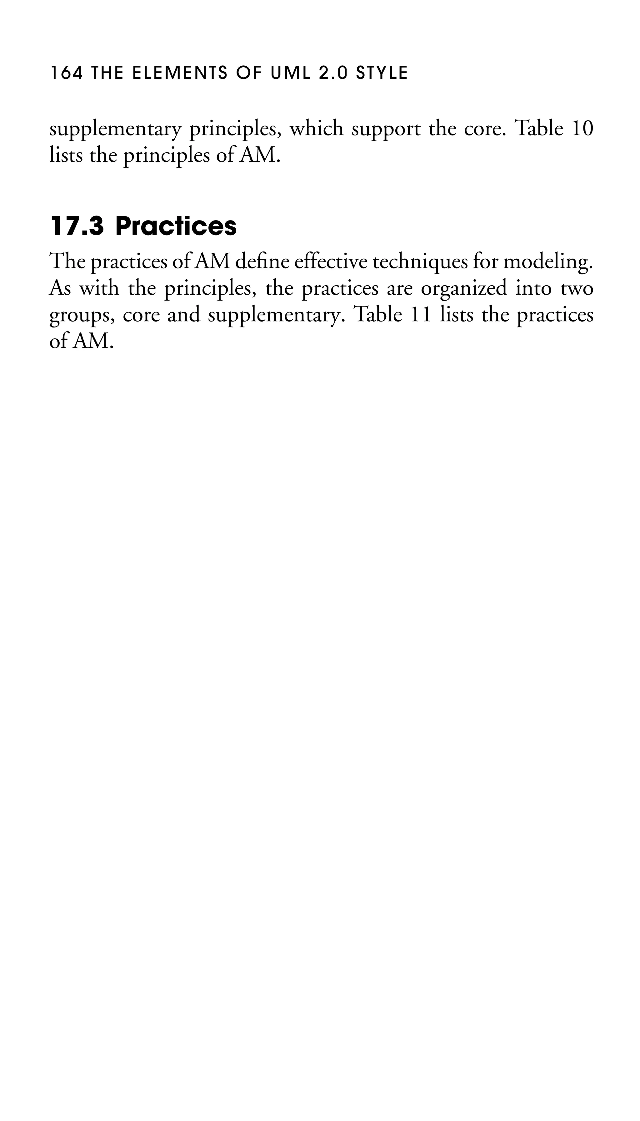 164 THE ELEMENTS OF UML 2.0 STYLE

supplementary principles, which support the core. Table 10
lists the principles of AM.

17.3 Practices
The practices of AM deﬁne effective techniques for modeling.
As with the principles, the practices are organized into two
groups, core and supplementary. Table 11 lists the practices
of AM.

 