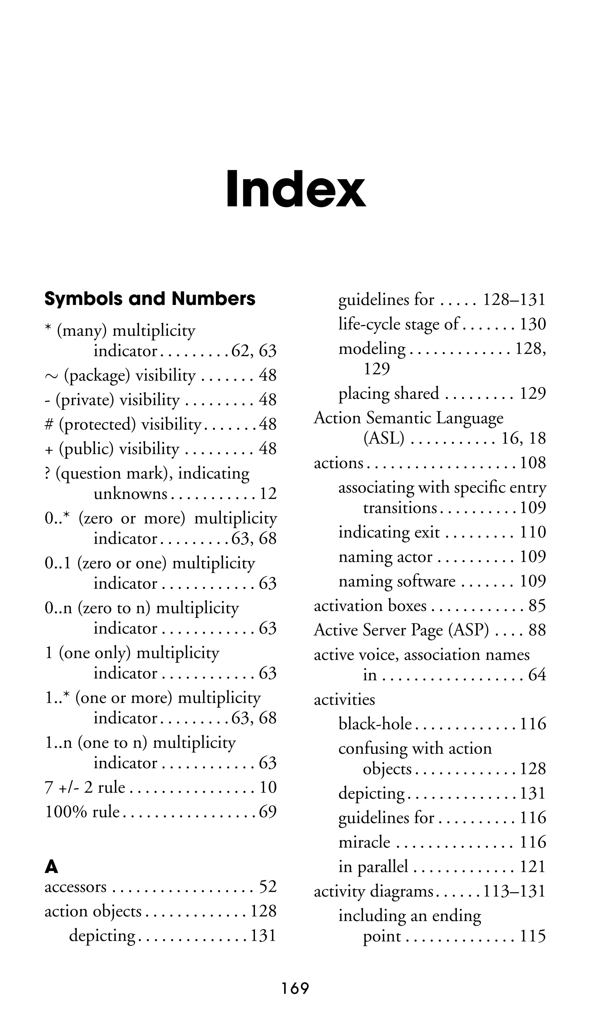 Index
Symbols and Numbers

guidelines for . . . . . 128–131
life-cycle stage of . . . . . . . 130
modeling . . . . . . . . . . . . . 128,
129
placing shared . . . . . . . . . 129
Action Semantic Language
(ASL) . . . . . . . . . . . 16, 18
actions . . . . . . . . . . . . . . . . . . . 108
associating with speciﬁc entry
transitions . . . . . . . . . . 109
indicating exit . . . . . . . . . 110
naming actor . . . . . . . . . . 109
naming software . . . . . . . 109
activation boxes . . . . . . . . . . . . 85
Active Server Page (ASP) . . . . 88
active voice, association names
in . . . . . . . . . . . . . . . . . . 64
activities
black-hole . . . . . . . . . . . . . 116
confusing with action
objects . . . . . . . . . . . . . 128
depicting . . . . . . . . . . . . . . 131
guidelines for . . . . . . . . . . 116
miracle . . . . . . . . . . . . . . . 116
in parallel . . . . . . . . . . . . . 121
activity diagrams . . . . . . 113–131
including an ending
point . . . . . . . . . . . . . . 115

* (many) multiplicity
indicator . . . . . . . . . 62, 63
∼ (package) visibility . . . . . . . 48
- (private) visibility . . . . . . . . . 48
# (protected) visibility . . . . . . . 48
+ (public) visibility . . . . . . . . . 48
? (question mark), indicating
unknowns . . . . . . . . . . . 12
0..* (zero or more) multiplicity
indicator . . . . . . . . . 63, 68
0..1 (zero or one) multiplicity
indicator . . . . . . . . . . . . 63
0..n (zero to n) multiplicity
indicator . . . . . . . . . . . . 63
1 (one only) multiplicity
indicator . . . . . . . . . . . . 63
1..* (one or more) multiplicity
indicator . . . . . . . . . 63, 68
1..n (one to n) multiplicity
indicator . . . . . . . . . . . . 63
7 +/- 2 rule . . . . . . . . . . . . . . . . 10
100% rule . . . . . . . . . . . . . . . . . 69
A
accessors . . . . . . . . . . . . . . . . . . 52
action objects . . . . . . . . . . . . . 128
depicting . . . . . . . . . . . . . . 131
169

 