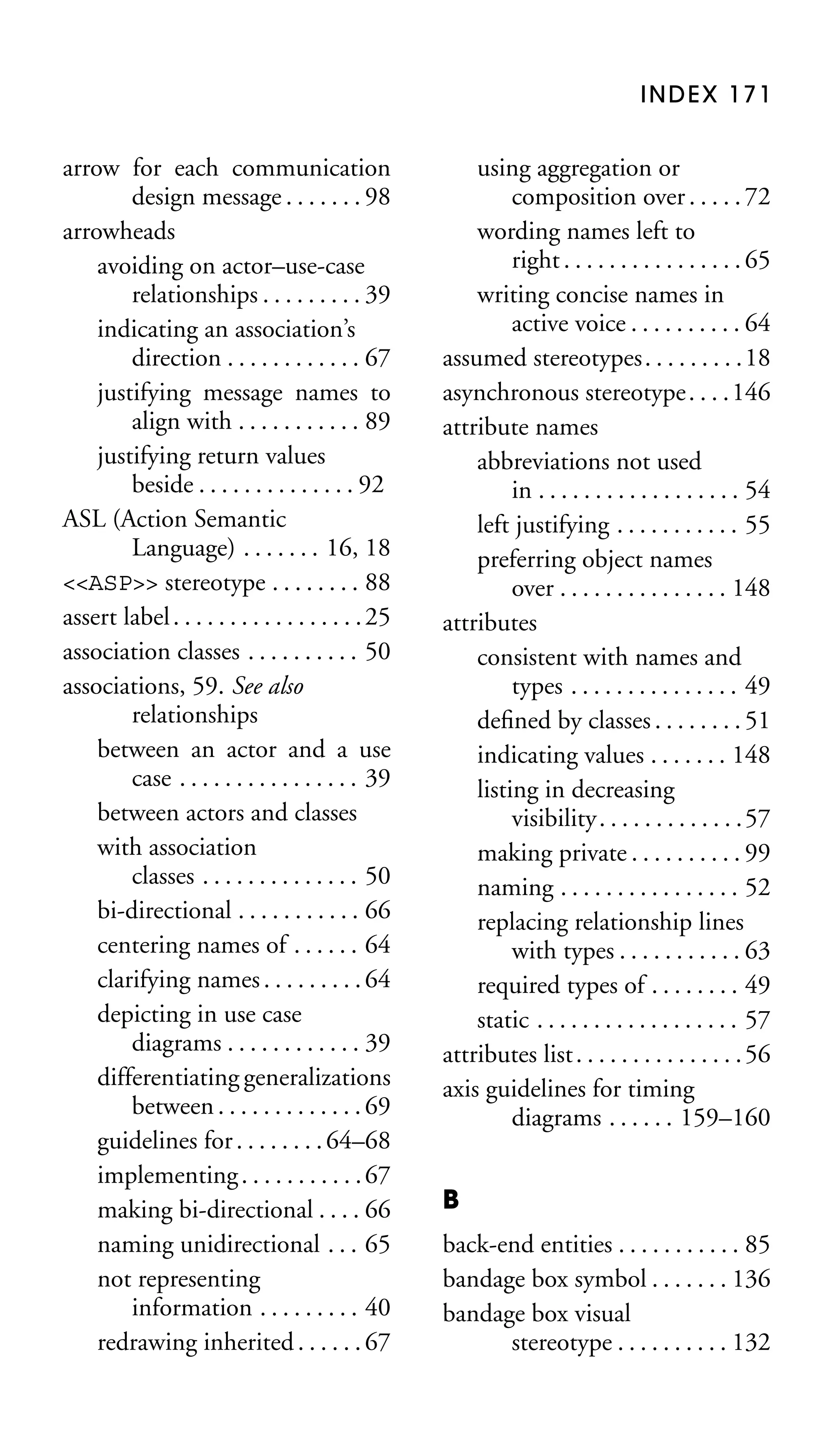 INDEX 171

arrow for each communication
design message . . . . . . . 98
arrowheads
avoiding on actor–use-case
relationships . . . . . . . . . 39
indicating an association’s
direction . . . . . . . . . . . . 67
justifying message names to
align with . . . . . . . . . . . 89
justifying return values
beside . . . . . . . . . . . . . . 92
ASL (Action Semantic
Language) . . . . . . . 16, 18
<<ASP>> stereotype . . . . . . . . 88
assert label . . . . . . . . . . . . . . . . . 25
association classes . . . . . . . . . . 50
associations, 59. See also
relationships
between an actor and a use
case . . . . . . . . . . . . . . . . 39
between actors and classes
with association
classes . . . . . . . . . . . . . . 50
bi-directional . . . . . . . . . . . 66
centering names of . . . . . . 64
clarifying names . . . . . . . . . 64
depicting in use case
diagrams . . . . . . . . . . . . 39
differentiating generalizations
between . . . . . . . . . . . . . 69
guidelines for . . . . . . . . 64–68
implementing . . . . . . . . . . . 67
making bi-directional . . . . 66
naming unidirectional . . . 65
not representing
information . . . . . . . . . 40
redrawing inherited . . . . . . 67

using aggregation or
composition over . . . . . 72
wording names left to
right . . . . . . . . . . . . . . . . 65
writing concise names in
active voice . . . . . . . . . . 64
assumed stereotypes. . . . . . . . .18
asynchronous stereotype . . . . 146
attribute names
abbreviations not used
in . . . . . . . . . . . . . . . . . . 54
left justifying . . . . . . . . . . . 55
preferring object names
over . . . . . . . . . . . . . . . 148
attributes
consistent with names and
types . . . . . . . . . . . . . . . 49
deﬁned by classes . . . . . . . . 51
indicating values . . . . . . . 148
listing in decreasing
visibility. . . . . . . . . . . . .57
making private . . . . . . . . . . 99
naming . . . . . . . . . . . . . . . . 52
replacing relationship lines
with types . . . . . . . . . . . 63
required types of . . . . . . . . 49
static . . . . . . . . . . . . . . . . . . 57
attributes list . . . . . . . . . . . . . . . 56
axis guidelines for timing
diagrams . . . . . . 159–160
B
back-end entities . . . . . . . . . . . 85
bandage box symbol . . . . . . . 136
bandage box visual
stereotype . . . . . . . . . . 132

 