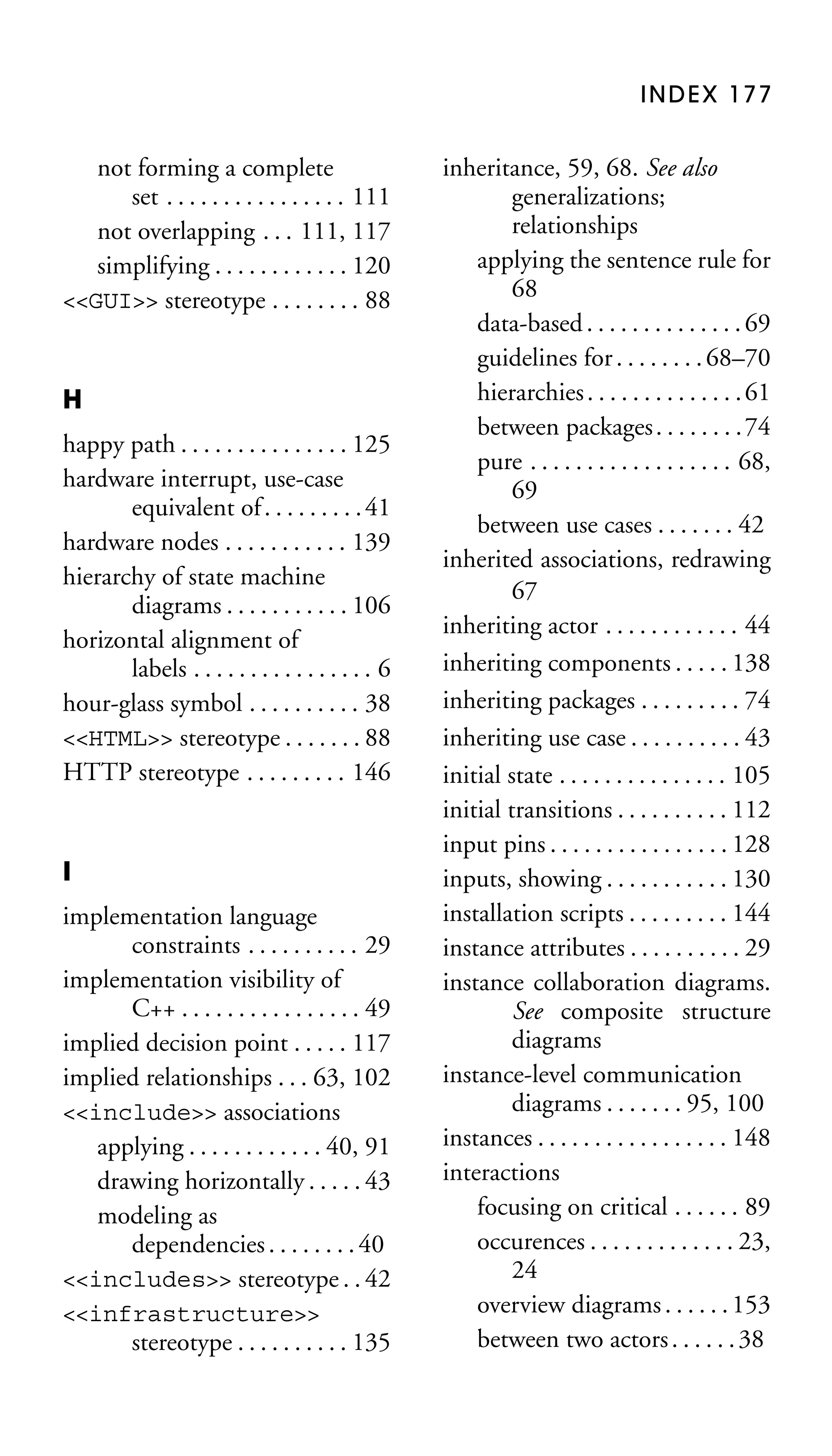 INDEX 177

not forming a complete
set . . . . . . . . . . . . . . . . 111
not overlapping . . . 111, 117
simplifying . . . . . . . . . . . . 120
<<GUI>> stereotype . . . . . . . . 88

H
happy path . . . . . . . . . . . . . . . 125
hardware interrupt, use-case
equivalent of . . . . . . . . . 41
hardware nodes . . . . . . . . . . . 139
hierarchy of state machine
diagrams . . . . . . . . . . . 106
horizontal alignment of
labels . . . . . . . . . . . . . . . . 6
hour-glass symbol . . . . . . . . . . 38
<<HTML>> stereotype . . . . . . . 88
HTTP stereotype . . . . . . . . . 146

I
implementation language
constraints . . . . . . . . . . 29
implementation visibility of
C++ . . . . . . . . . . . . . . . . 49
implied decision point . . . . . 117
implied relationships . . . 63, 102
<<include>> associations
applying . . . . . . . . . . . . 40, 91
drawing horizontally . . . . . 43
modeling as
dependencies . . . . . . . . 40
<<includes>> stereotype . . 42
<<infrastructure>>
stereotype . . . . . . . . . . 135

inheritance, 59, 68. See also
generalizations;
relationships
applying the sentence rule for
68
data-based . . . . . . . . . . . . . . 69
guidelines for . . . . . . . . 68–70
hierarchies . . . . . . . . . . . . . . 61
between packages . . . . . . . . 74
pure . . . . . . . . . . . . . . . . . . 68,
69
between use cases . . . . . . . 42
inherited associations, redrawing
67
inheriting actor . . . . . . . . . . . . 44
inheriting components . . . . . 138
inheriting packages . . . . . . . . . 74
inheriting use case . . . . . . . . . . 43
initial state . . . . . . . . . . . . . . . 105
initial transitions . . . . . . . . . . 112
input pins . . . . . . . . . . . . . . . . 128
inputs, showing . . . . . . . . . . . 130
installation scripts . . . . . . . . . 144
instance attributes . . . . . . . . . . 29
instance collaboration diagrams.
See composite structure
diagrams
instance-level communication
diagrams . . . . . . . 95, 100
instances . . . . . . . . . . . . . . . . . 148
interactions
focusing on critical . . . . . . 89
occurences . . . . . . . . . . . . . 23,
24
overview diagrams . . . . . . 153
between two actors . . . . . . 38

 