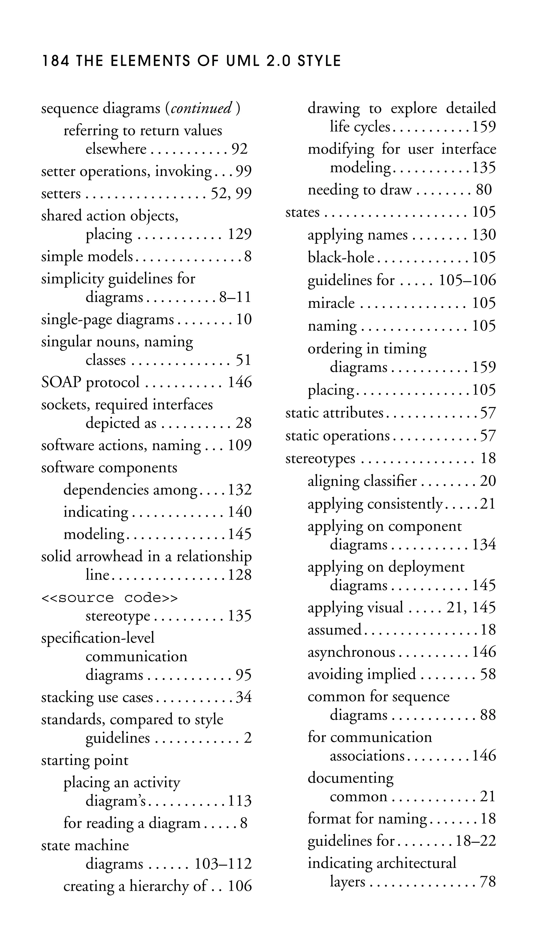 184 THE ELEMENTS OF UML 2.0 STYLE

sequence diagrams (continued )
referring to return values
elsewhere . . . . . . . . . . . 92
setter operations, invoking . . . 99
setters . . . . . . . . . . . . . . . . . 52, 99
shared action objects,
placing . . . . . . . . . . . . 129
simple models . . . . . . . . . . . . . . . 8
simplicity guidelines for
diagrams . . . . . . . . . . 8–11
single-page diagrams . . . . . . . . 10
singular nouns, naming
classes . . . . . . . . . . . . . . 51
SOAP protocol . . . . . . . . . . . 146
sockets, required interfaces
depicted as . . . . . . . . . . 28
software actions, naming . . . 109
software components
dependencies among . . . . 132
indicating . . . . . . . . . . . . . 140
modeling . . . . . . . . . . . . . . 145
solid arrowhead in a relationship
line . . . . . . . . . . . . . . . . 128
<<source code>>
stereotype . . . . . . . . . . 135
speciﬁcation-level
communication
diagrams . . . . . . . . . . . . 95
stacking use cases . . . . . . . . . . . 34
standards, compared to style
guidelines . . . . . . . . . . . . 2
starting point
placing an activity
diagram’s . . . . . . . . . . . 113
for reading a diagram . . . . . 8
state machine
diagrams . . . . . . 103–112
creating a hierarchy of . . 106

drawing to explore detailed
life cycles . . . . . . . . . . . 159
modifying for user interface
modeling. . . . . . . . . . .135
needing to draw . . . . . . . . 80
states . . . . . . . . . . . . . . . . . . . . 105
applying names . . . . . . . . 130
black-hole . . . . . . . . . . . . . 105
guidelines for . . . . . 105–106
miracle . . . . . . . . . . . . . . . 105
naming . . . . . . . . . . . . . . . 105
ordering in timing
diagrams . . . . . . . . . . . 159
placing. . . . . . . . . . . . . . . .105
static attributes . . . . . . . . . . . . . 57
static operations . . . . . . . . . . . . 57
stereotypes . . . . . . . . . . . . . . . . 18
aligning classiﬁer . . . . . . . . 20
applying consistently . . . . . 21
applying on component
diagrams . . . . . . . . . . . 134
applying on deployment
diagrams . . . . . . . . . . . 145
applying visual . . . . . 21, 145
assumed . . . . . . . . . . . . . . . . 18
asynchronous . . . . . . . . . . 146
avoiding implied . . . . . . . . 58
common for sequence
diagrams . . . . . . . . . . . . 88
for communication
associations . . . . . . . . . 146
documenting
common . . . . . . . . . . . . 21
format for naming . . . . . . . 18
guidelines for . . . . . . . . 18–22
indicating architectural
layers . . . . . . . . . . . . . . . 78

 