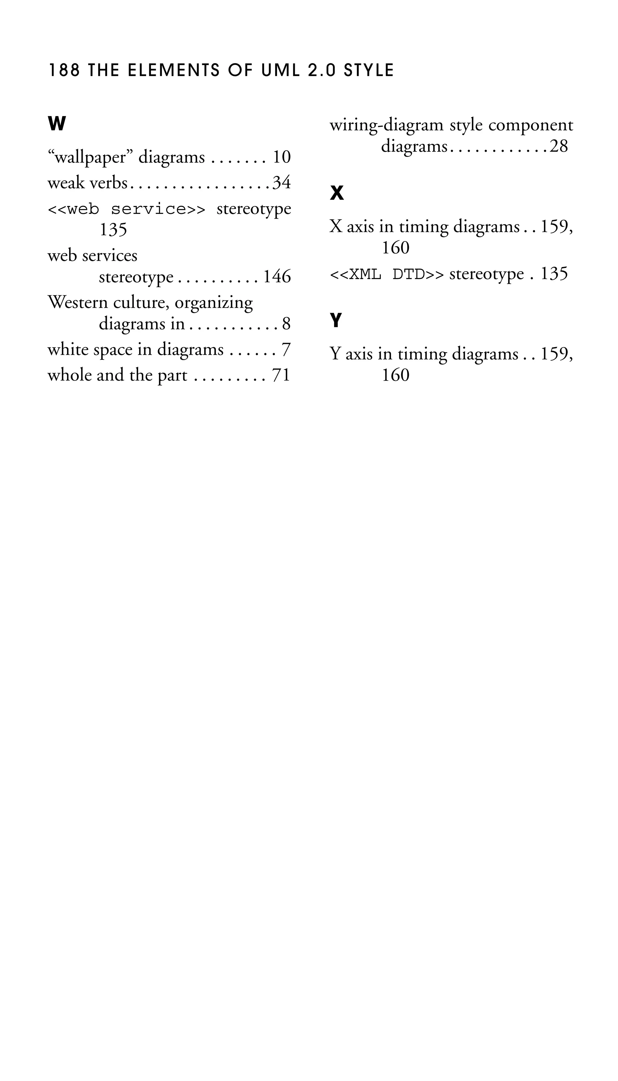 188 THE ELEMENTS OF UML 2.0 STYLE

W
“wallpaper” diagrams . . . . . . . 10
weak verbs . . . . . . . . . . . . . . . . . 34
<<web service>> stereotype
135
web services
stereotype . . . . . . . . . . 146
Western culture, organizing
diagrams in . . . . . . . . . . . 8
white space in diagrams . . . . . . 7
whole and the part . . . . . . . . . 71

wiring-diagram style component
diagrams. . . . . . . . . . . .28
X
X axis in timing diagrams . . 159,
160
<<XML DTD>> stereotype . 135
Y
Y axis in timing diagrams . . 159,
160

 