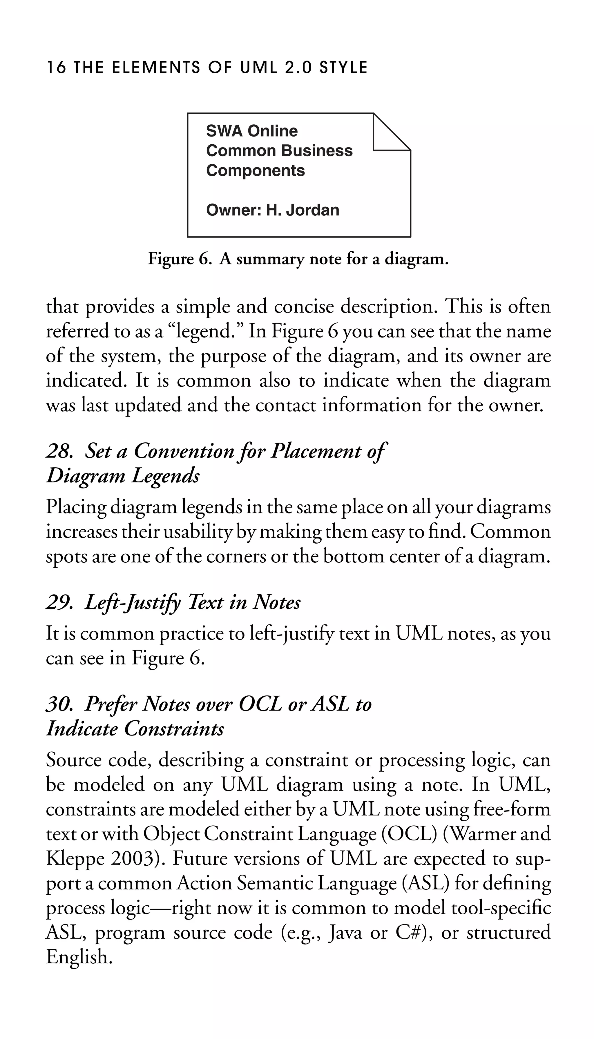 16 THE ELEMENTS OF UML 2.0 STYLE

SWA Online
Common Business
Components
Owner: H. Jordan

Figure 6. A summary note for a diagram.

that provides a simple and concise description. This is often
referred to as a “legend.” In Figure 6 you can see that the name
of the system, the purpose of the diagram, and its owner are
indicated. It is common also to indicate when the diagram
was last updated and the contact information for the owner.

28. Set a Convention for Placement of
Diagram Legends
Placing diagram legends in the same place on all your diagrams
increases their usability by making them easy to ﬁnd. Common
spots are one of the corners or the bottom center of a diagram.
29. Left-Justify Text in Notes
It is common practice to left-justify text in UML notes, as you
can see in Figure 6.
30. Prefer Notes over OCL or ASL to
Indicate Constraints
Source code, describing a constraint or processing logic, can
be modeled on any UML diagram using a note. In UML,
constraints are modeled either by a UML note using free-form
text or with Object Constraint Language (OCL) (Warmer and
Kleppe 2003). Future versions of UML are expected to support a common Action Semantic Language (ASL) for deﬁning
process logic—right now it is common to model tool-speciﬁc
ASL, program source code (e.g., Java or C#), or structured
English.

 