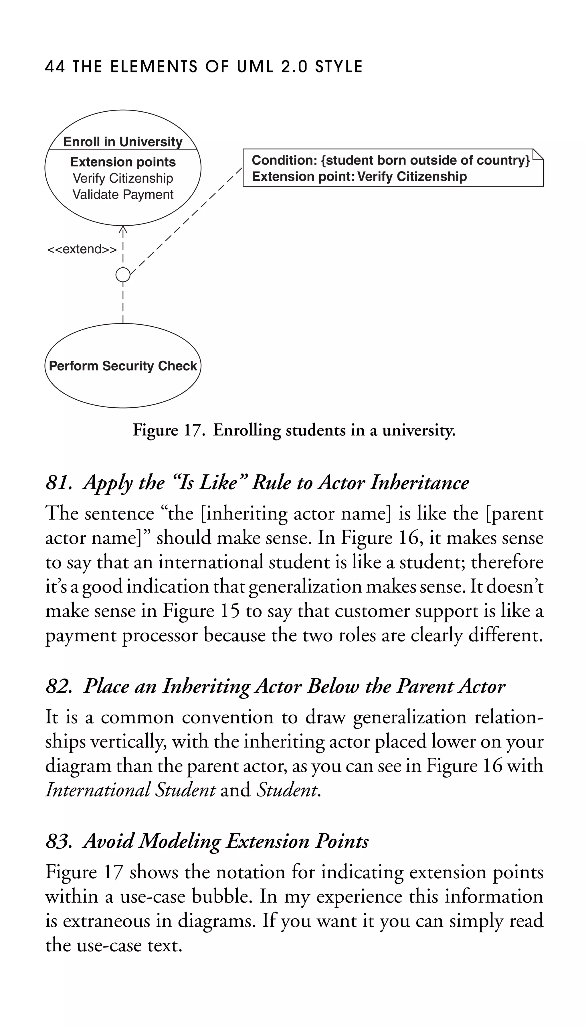 44 THE ELEMENTS OF UML 2.0 STYLE

Enroll in University
Extension points
Verify Citizenship
Validate Payment

Condition: {student born outside of country}
Extension point: Verify Citizenship

<<extend>>

Perform Security Check

Figure 17. Enrolling students in a university.

81. Apply the “Is Like” Rule to Actor Inheritance
The sentence “the [inheriting actor name] is like the [parent
actor name]” should make sense. In Figure 16, it makes sense
to say that an international student is like a student; therefore
it’s a good indication that generalization makes sense. It doesn’t
make sense in Figure 15 to say that customer support is like a
payment processor because the two roles are clearly different.
82. Place an Inheriting Actor Below the Parent Actor
It is a common convention to draw generalization relationships vertically, with the inheriting actor placed lower on your
diagram than the parent actor, as you can see in Figure 16 with
International Student and Student.
83. Avoid Modeling Extension Points
Figure 17 shows the notation for indicating extension points
within a use-case bubble. In my experience this information
is extraneous in diagrams. If you want it you can simply read
the use-case text.

 