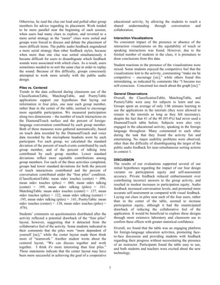 7
Otherwise, he read the clue out loud and polled other group
members for advice regarding its placement. Work tended
to be more parallel near the beginning of each session,
when users had many clues to explore, and reverted to a
more serial strategy as the “easier” clues were sorted and
groups were forced to discuss and debate the placement of
more difficult items. The public audio feedback engendered
a more serial strategy than other feedback styles, because
when more than one clue was sorted simultaneously it
became difficult for users to disambiguate which feedback
sounds were associated with which clues. As a result, users
sometimes needed to re-sort the same clue in order to replay
the sound. Because of this difficulty, groups consciously
attempted to work more serially with the public audio
design.
Piles vs. Centered
Trends in the data collected during classroom use of the
ClassificationTable, MatchingTable, and PoetryTable
applications support our hypotheses that laying out
information in four piles, one near each group member,
rather than in the center of the table, seemed to encourage
more equitable participation. We measured participation
along two dimensions – the number of touch interactions on
the DiamondTouch surface and the percent of foreign-
language conversation contributed by each group member.
Both of these measures were gathered automatically, based
on touch data recorded by the DiamondTouch and voice
data recorded by the microphone headsets worn by each
participant. For each group, we calculated the standard
deviation of the percent of touch events contributed by each
group member, and of the percent of talking time
contributed by each group member. Lower standard
deviations reflect more equitable contributions among
group members. For each of the three activities completed,
groups had lower standard deviations for both the percent
of touch interactions contributed and the percent of
conversation contributed under the “four piles” condition.
(ClassificationTable: mean stdev touches (center) = .096,
mean stdev touches (piles) = .060, mean stdev talking
(center) = .169, mean stdev talking (piles) = .161;
MatchingTable: mean stdev touches (center) = .137, mean
stdev touches (piles) = .122, mean stdev talking (center) =
.195, mean stdev talking (piles) = .141; PoetryTable: mean
stdev touches (center) = .138, mean stdev touches (piles) =
.076).
Students’ comments on questionnaires distributed after the
activity reflected a potential drawback of the “four piles”
layout, however, suggesting that it detracted from the
collaborative feel of the activity. Some students indicated in
their comments that the piles were “more dependent of
yourself [sic],” while the center layout made them think
more of “teamwork.” Another student wrote about the
centered layout, “We can discuss together and work
together. I think it's more interesting than four piles.”
These statements indicate that the center layout may have
been more successful in achieving the goal of a cooperative
educational activity, by allowing the students to reach a
shared understanding through conversation and
collaboration.
Interaction Visualizations
No consistent impact of the presence or absence of the
interaction visualizations on the equitability of touch or
speaking interactions was found. However, due to the
limited number of students in the class, it is premature to
draw conclusions from this data.
Student reactions to the presence of the visualizations were
mixed. Some students enjoyed the competitive feel that the
visualizations lent to the activity, commenting “make me be
competitive – encourage [sic],” while others found this
intimidating, as indicated by comments like “I become too
self-conscious. Concerned too much about the graph [sic].”
General Observations
Overall, the ClassificationTable, MatchingTable, and
PoeteryTable were easy for subjects to learn and use.
Groups spent an average of only 1.06 minutes learning to
use the applications in the tutorials (they were allowed to
remain in the tutorials as long as they felt necessary),
despite the fact that 41 of the 48 (85.4%) had never used a
DiamondTouch table before. Subjects were also very
engaged in the educational activity, speaking in the foreign
language throughout. Many commented to each other
during the task that they found the activity fun and
entertaining. No major usability problems were observed,
other than the difficulty of disambiguating the target of the
public audio feedback for near-simultaneous sorting actions
in context 1.
DISCUSSION
The results of our evaluations supported several of our
initial hypotheses regarding the impact of our four design
variants on participation equity and self-assessment
accuracy. Private feedback reduced embarrassment over
contributing incorrect answers to the group activity, and
resulted in modest increases in participation equity. Audio
feedback increased conversation levels, and promoted more
accurate self-assessment as compared with visual feedback.
Laying out clues in piles near each of the four users, rather
than in the center of the table, seemed to increase
participation equity, although it had the unanticipated
drawback of reducing the collaborative feel of the
application. It would be beneficial to explore these designs
through more extensive laboratory and classroom use to
confirm these effects with greater statistical confidence.
Overall, we found that the table was an engaging platform
for foreign-language education activities, promoting face-
to-face discussion and providing students with feedback
regarding their progress without necessitating the presence
of an instructor. Participants found the table easy to use,
and both students and teachers were excited about the new
technology.
 
