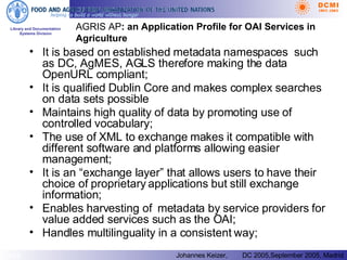 AGRIS AP : an Application Profile for OAI Services in Agriculture It is based on established metadata namespaces  such as DC, AgMES, AGLS therefore making the data OpenURL compliant; It is qualified Dublin Core and makes complex searches on data sets possible Maintains high quality of data by promoting use of controlled vocabulary; The use of XML to exchange makes it compatible with different software and platforms allowing easier management; It is an “exchange layer” that allows users to have their choice of proprietary applications but still exchange information; Enables harvesting of  metadata by service providers for value added services such as the OAI; Handles multilinguality in a consistent way; 
