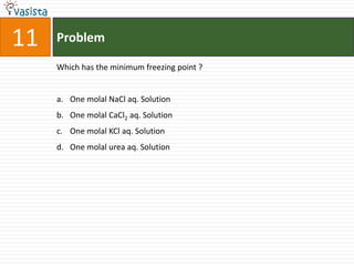 11   Problem

     Which has the minimum freezing point ?


     a. One molal NaCl aq. Solution
     b. One molal CaCl2 aq. Solution
     c. One molal KCl aq. Solution
     d. One molal urea aq. Solution
 