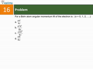 16   Problem
     For a Bohr atom angular momentum M of the electron is : (n = 0, 1, 2, ….)
          nh2
     a.
          4
        n2h2
     b.
         4
         nh2
     c.
         4
        nh
     d.
        4
 