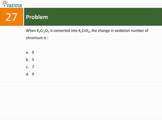 27   Problem

     When K2Cr2O7 is converted into K2CrO4, the change in oxidation number of
     chromium is :


     a. 0
     b. 5
     c. 7
     d. 9
 