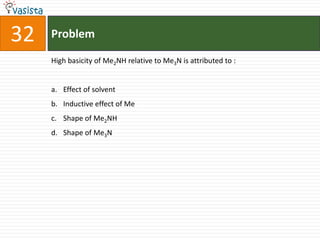 32   Problem

     High basicity of Me2NH relative to Me3N is attributed to :


     a. Effect of solvent
     b. Inductive effect of Me
     c. Shape of Me2NH
     d. Shape of Me3N
 